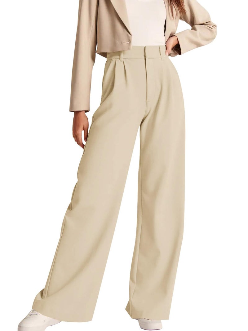 NIMIN Womens Business Casual Apricot Small High Waisted Straight Leg Pants Office Work Pants Trousers with Pockets - Image 1