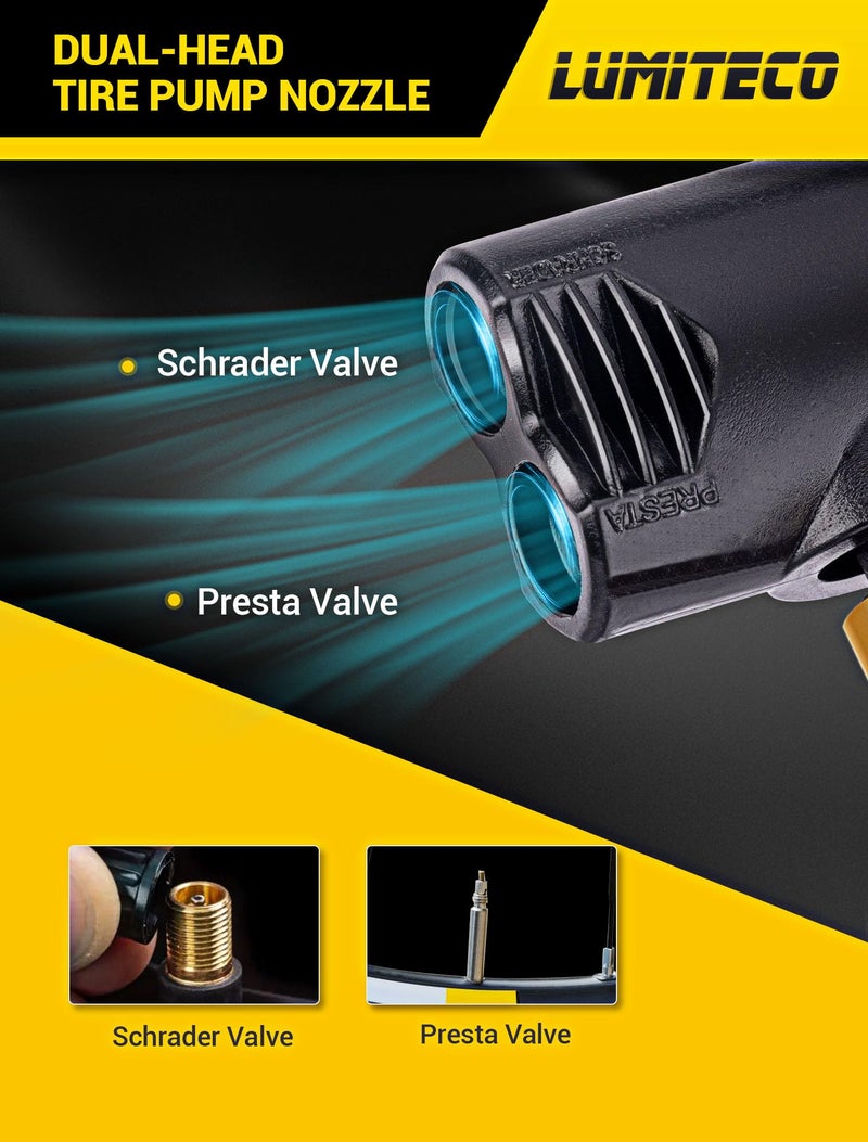 LUMITECO Locking Presta Schrader Air Chuck for Bike Tire, Dual Head Pump Nozzle with 1/4" F-NPT Quick Connect for Tire Inflator, Presta&Schrader Valve Adapter w/Air Release Nob for Bicycle Floor Pump - Image 2
