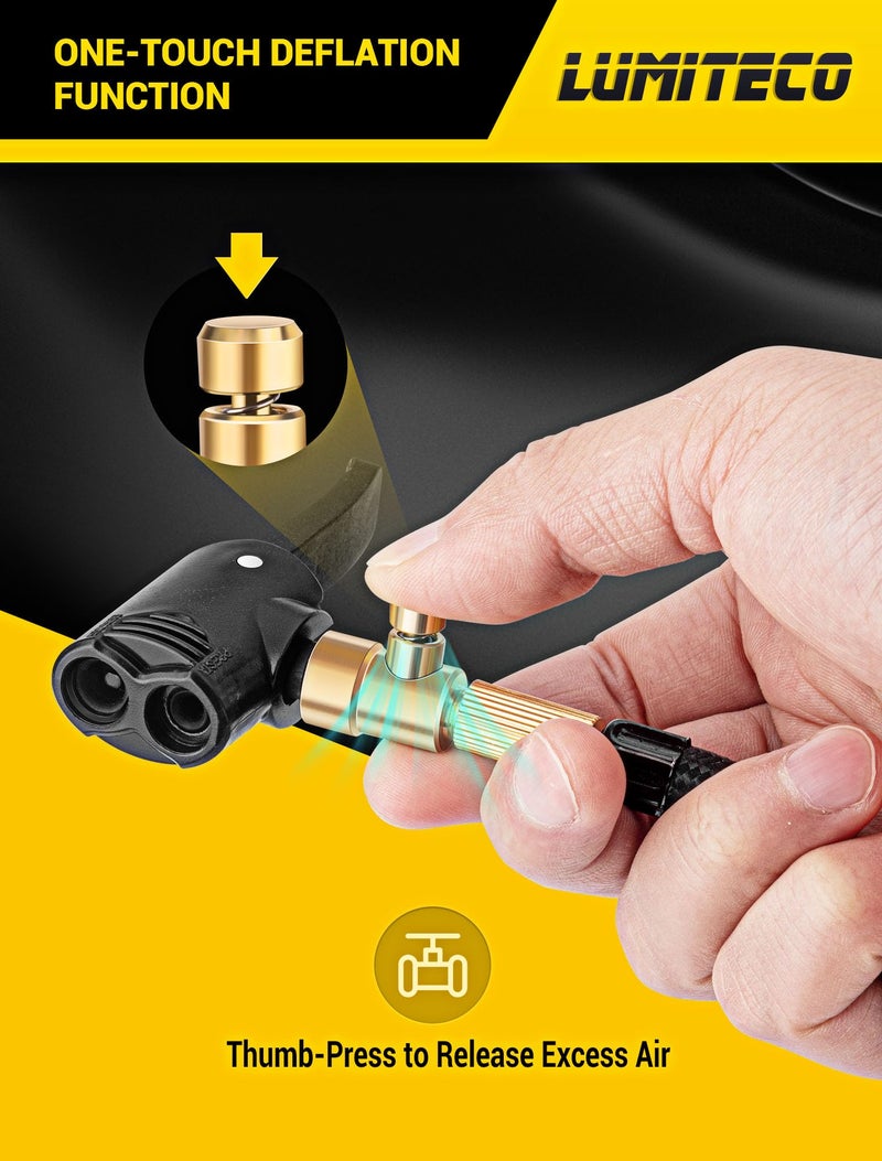 LUMITECO Locking Presta Schrader Air Chuck for Bike Tire, Dual Head Pump Nozzle with 1/4" F-NPT Quick Connect for Tire Inflator, Presta&Schrader Valve Adapter w/Air Release Nob for Bicycle Floor Pump - Image 3