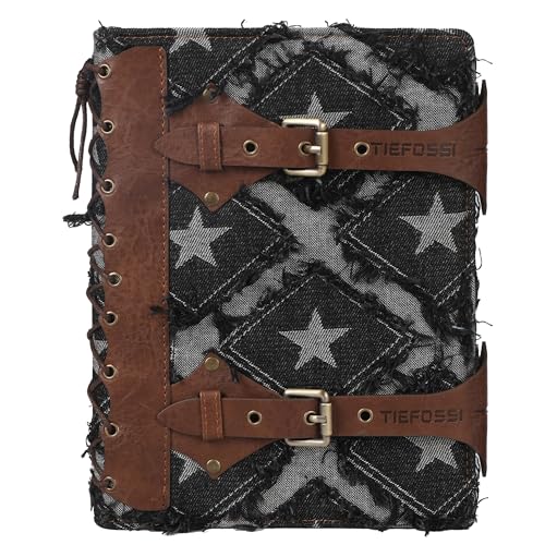 TIEFOSSI Denim Journal for Women Men, Vintage PU Leather Journals, College Ruled Notebook with 6 Ring Binder, Refillable Notebooks with Pockets for School Travel Sketch 7 x 9.2 in - Image 1