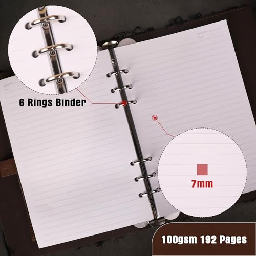 TIEFOSSI Denim Journal for Women Men, Vintage PU Leather Journals, College Ruled Notebook with 6 Ring Binder, Refillable Notebooks with Pockets for School Travel Sketch 7 x 9.2 in - Image 5