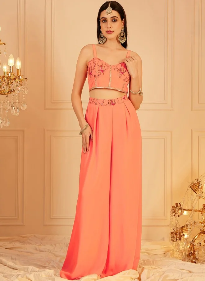 Indo Street Embellished Indo Fusion Top & Palazzos Set for Women