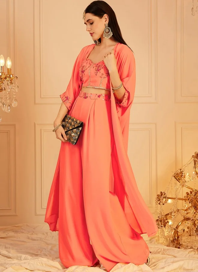 Indo Street Embellished Indo Fusion Top & Palazzos Set for Women