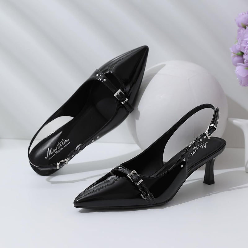 Mostrin Black Kitten Heels for Women Slingback Low Heels with Buckle Pointed Closed Toe Pumps Women's Pumps Shoes Size 8 - Image 3