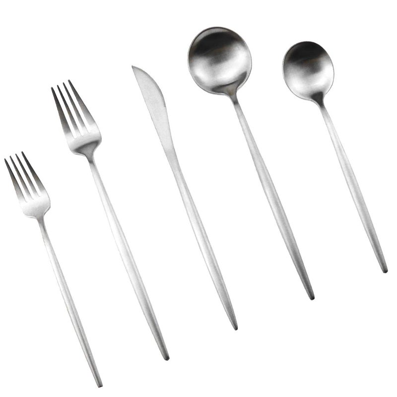 Gugrida Silver Flatware Royal 20 Piece Luxury Matte Finish 1810 Stainless Steel Tableware Sets for 4 Including Forks Spoons Knives Camping Silverware Travel Utensils Set Cutlery Silver