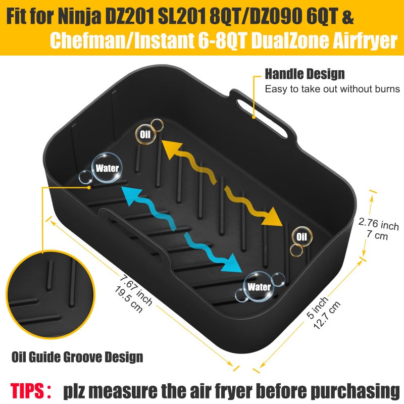 MMH 2Pcs Air Fryer Silicone Liners Rectangular for Ninja Foodi Dual DZ201 8QT/DZ090 6QT, MMH Reusable Non Stick Airfryer Dual Basket Accessories for Chefman 6QT/Instant Vortex Plus XL 8QT, Black - Image 2