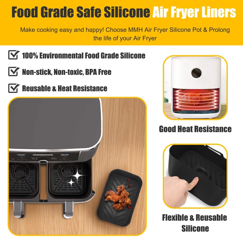 MMH 2Pcs Air Fryer Silicone Liners Rectangular for Ninja Foodi Dual DZ201 8QT/DZ090 6QT, MMH Reusable Non Stick Airfryer Dual Basket Accessories for Chefman 6QT/Instant Vortex Plus XL 8QT, Black - Image 3