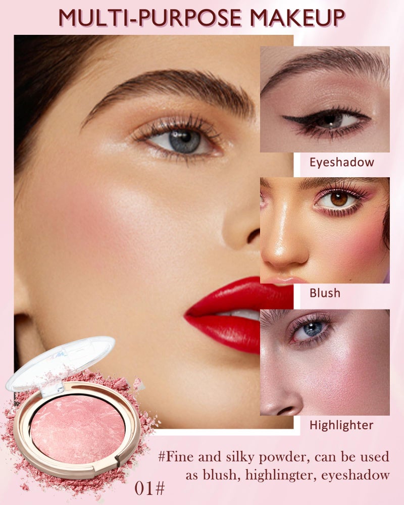 LYSdefeu Baked Blush, Lighting Glow Marbleized Blush Powder Palette, Cruelty-Free Powder Blusher, Eyeshadow & Highlight for a Lightweight Shimmery Satin Face Makeup, Gift for Women (0.49Ounce)-01#Peachy - Image 2