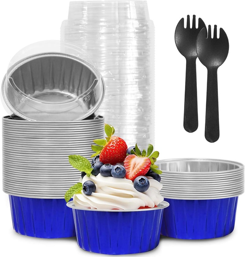 YOIYINI 4th of July 50Pcs Mini Aluminum Foil Cupcake Baking Cups,5oz Mini Cake Pans Disposable, Loaf Pans with Lids,Disposable Ramekins,Tin Cups Containers for Cupcake,Pudding,Muffin(50, Blue) - Image 1