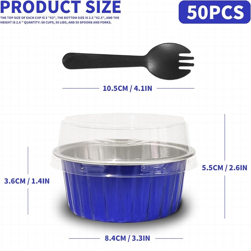 YOIYINI 4th of July 50Pcs Mini Aluminum Foil Cupcake Baking Cups,5oz Mini Cake Pans Disposable, Loaf Pans with Lids,Disposable Ramekins,Tin Cups Containers for Cupcake,Pudding,Muffin(50, Blue) - Image 2