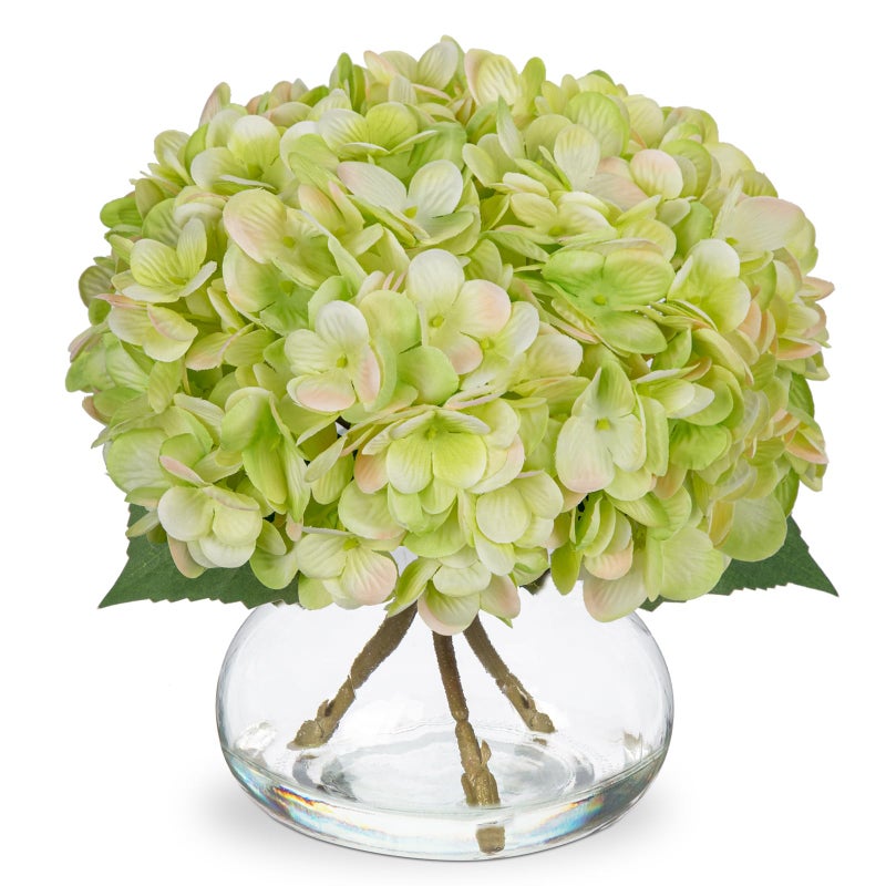 Hollyone Hydrangea Artificial Flowers with Glass Vase Green Silk Faux Flowers Arrangements in Vase with Faux Water Fake Floral Bulk Bouquet for Home Decor Table Centerpiece Decorations - Image 1