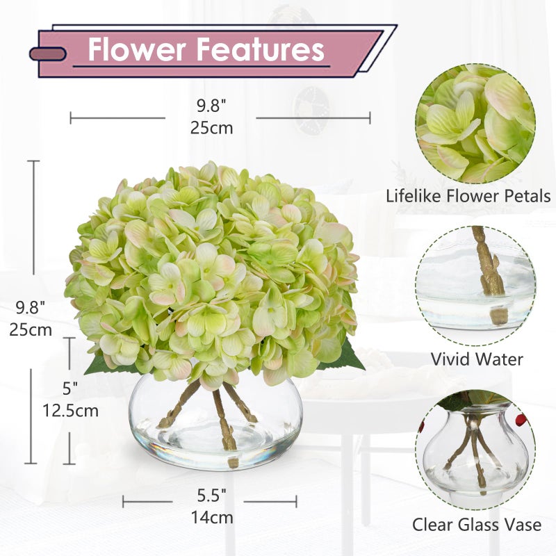Hollyone Hydrangea Artificial Flowers with Glass Vase Green Silk Faux Flowers Arrangements in Vase with Faux Water Fake Floral Bulk Bouquet for Home Decor Table Centerpiece Decorations - Image 2
