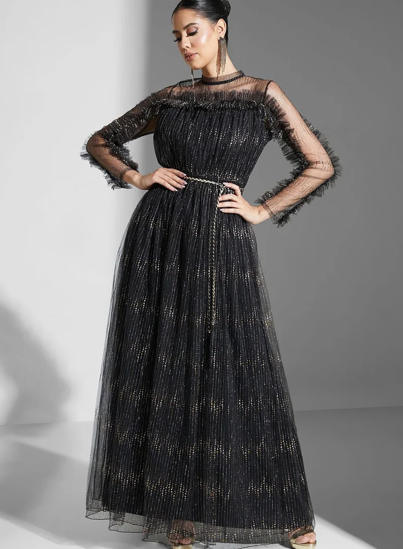 Golden Apple Embellished Belted Tiered Dress