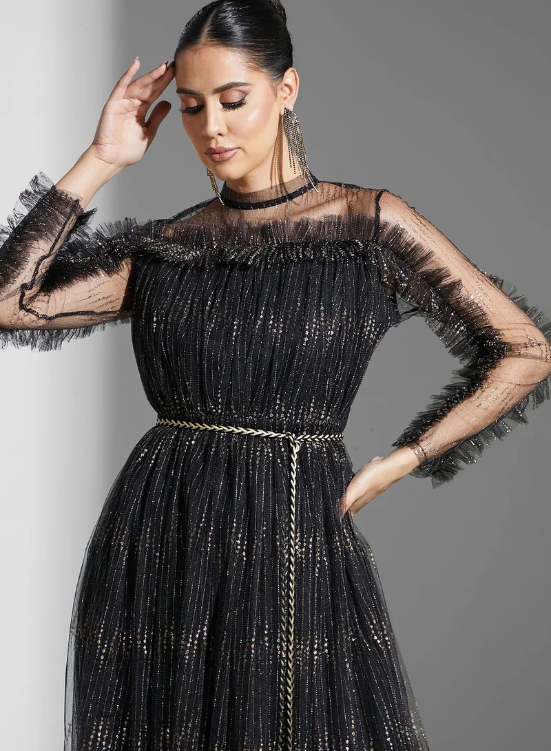 Golden Apple Embellished Belted Tiered Dress
