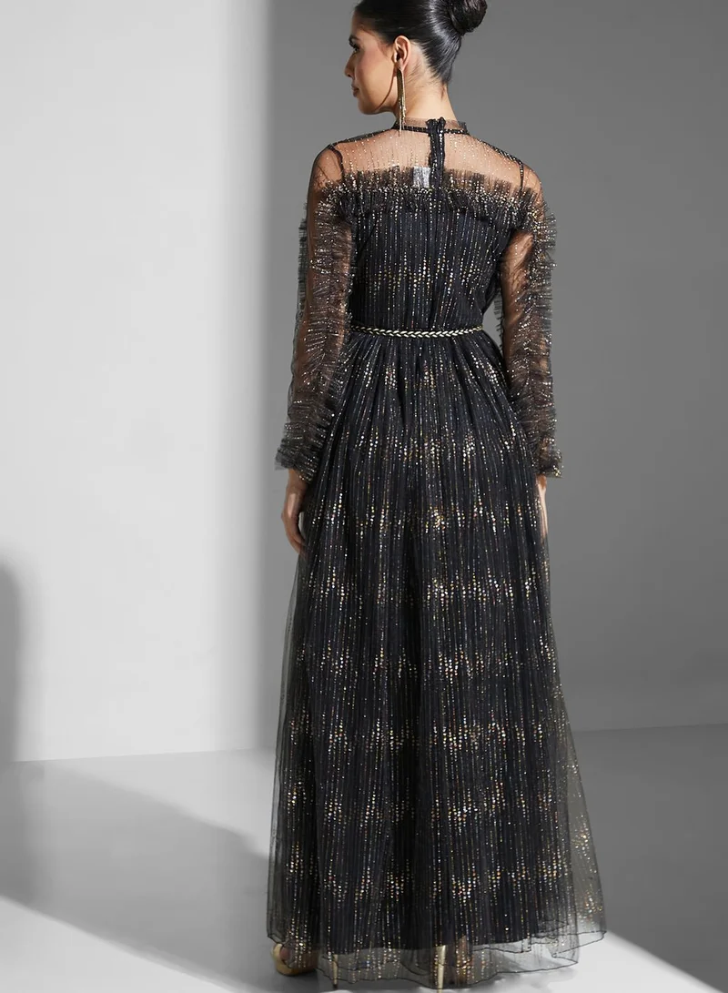 Golden Apple Embellished Belted Tiered Dress