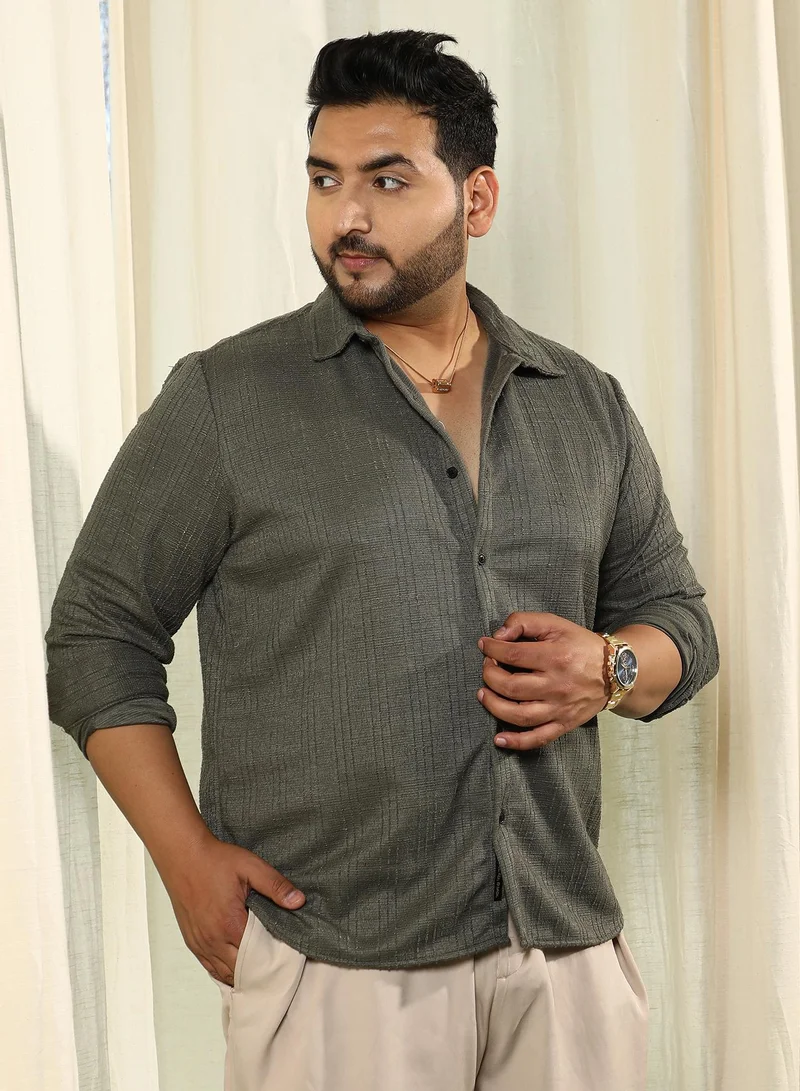 Instafab Plus  Instafab Plus Men's Olive Green Tactile Spread Collar Shirt For Casual Wear | Spread Collar | Long Cuffed Sleeves | Button Closure | Plus Size Shirt Crafted With Comfort Fit For Everyday Wear for Men | Best Price UAE