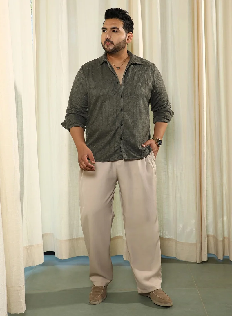 Instafab Plus  Instafab Plus Men's Olive Green Tactile Spread Collar Shirt For Casual Wear | Spread Collar | Long Cuffed Sleeves | Button Closure | Plus Size Shirt Crafted With Comfort Fit For Everyday Wear for Men | Best Price UAE