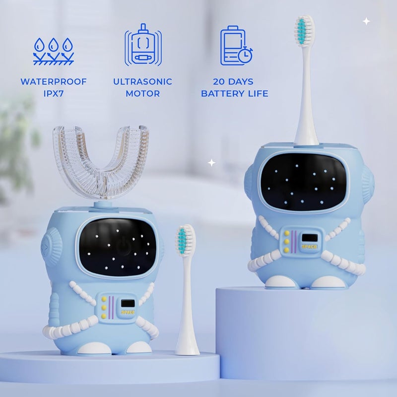 Bendi Sensory 360 Round U-Shaped Astronaut Design Mouthguard Electric Toothbrush for Kids Ages 2-7 - Automatic Memory Function - 5 Modes Toothbrush with Multiple Heads – Kids Travel Essentials (Blue) - Image 5