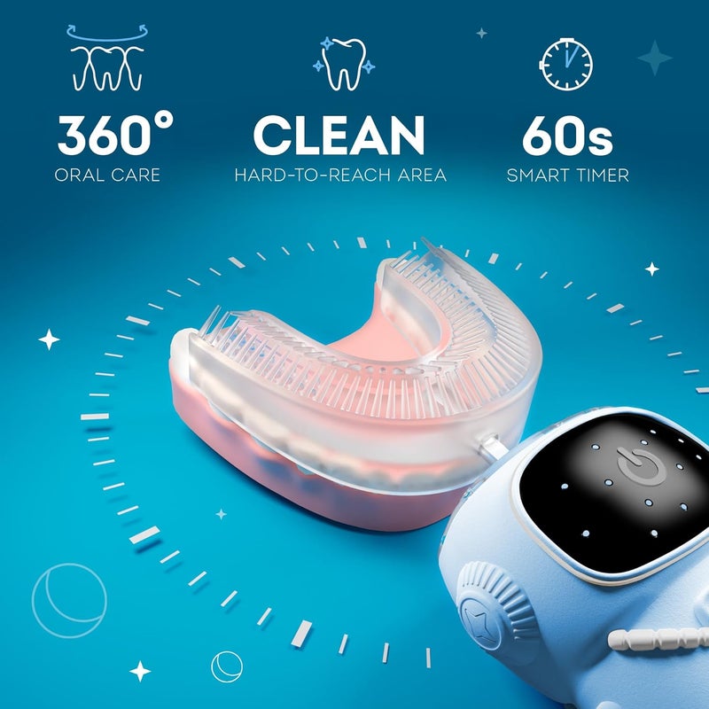 Bendi Sensory 360 Round U-Shaped Astronaut Design Mouthguard Electric Toothbrush for Kids Ages 2-7 - Automatic Memory Function - 5 Modes Toothbrush with Multiple Heads – Kids Travel Essentials (Blue) - Image 3
