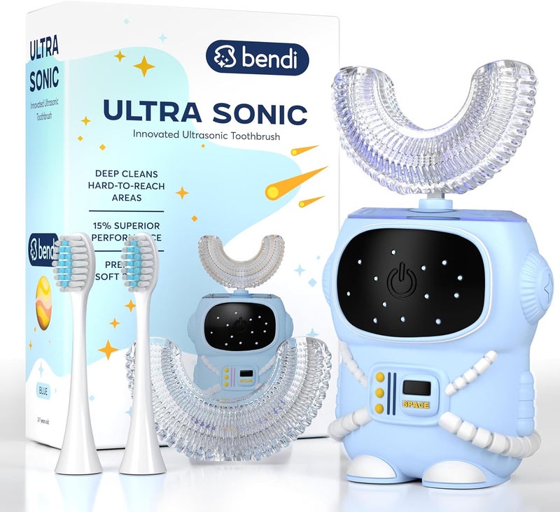 Bendi Sensory 360 Round U-Shaped Astronaut Design Mouthguard Electric Toothbrush for Kids Ages 2-7 - Automatic Memory Function - 5 Modes Toothbrush with Multiple Heads – Kids Travel Essentials (Blue) - Image 1