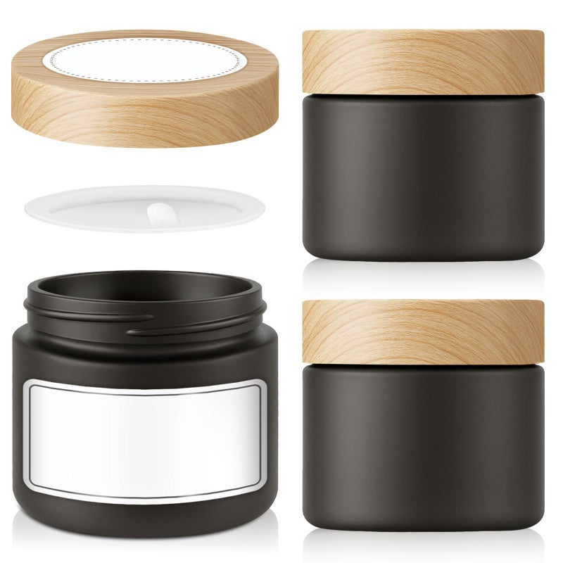 Tecohouse 2 oz Matt Black Glass Jars with Lids, 3 Pack Small Glass Containers with Plastic Woodgrain Lids & Inner Liners, Empty Reusable Airtight Cosmetic Containers for Tea, Coffee, Creams, Lotion, Spice - Image 1