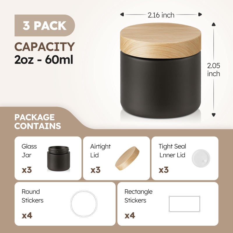 Tecohouse 2 oz Matt Black Glass Jars with Lids, 3 Pack Small Glass Containers with Plastic Woodgrain Lids & Inner Liners, Empty Reusable Airtight Cosmetic Containers for Tea, Coffee, Creams, Lotion, Spice - Image 3