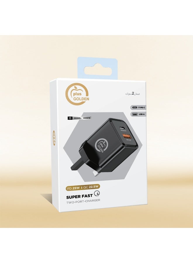 جولدن بلس شاحن ثنائي المنفذ السرعة  (PD 25W & QC 22.5W) شاحن حائط آمن ومدمج بمنفذي Type-C وUSB-A  للهواتف الذكية والأجهزة اللوحية - Image 3