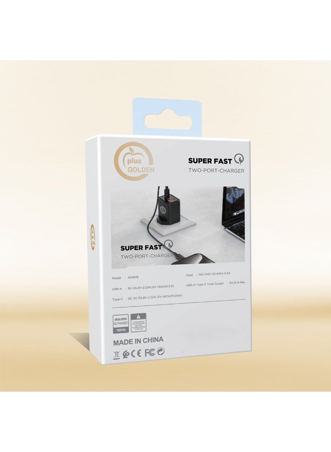 جولدن بلس شاحن ثنائي المنفذ السرعة  (PD 25W & QC 22.5W) شاحن حائط آمن ومدمج بمنفذي Type-C وUSB-A  للهواتف الذكية والأجهزة اللوحية - Image 2