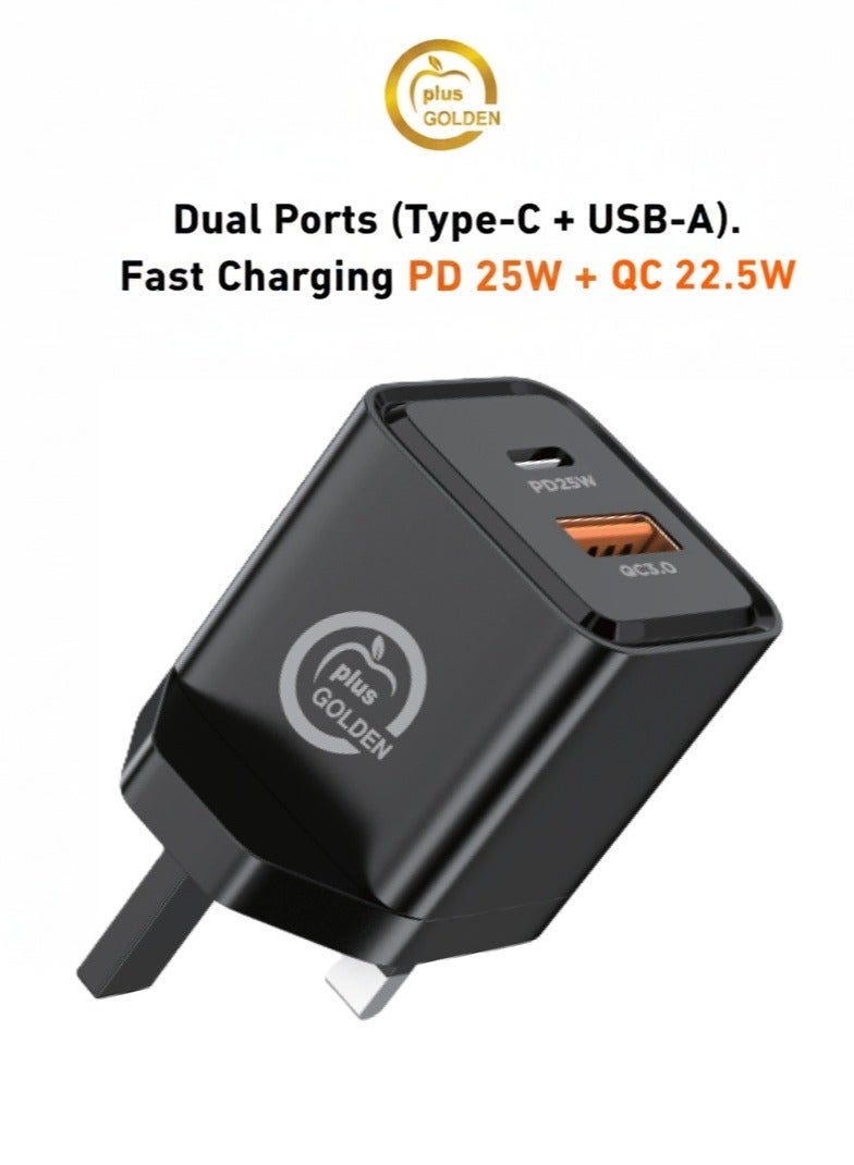 جولدن بلس شاحن ثنائي المنفذ السرعة  (PD 25W & QC 22.5W) شاحن حائط آمن ومدمج بمنفذي Type-C وUSB-A  للهواتف الذكية والأجهزة اللوحية - Image 1