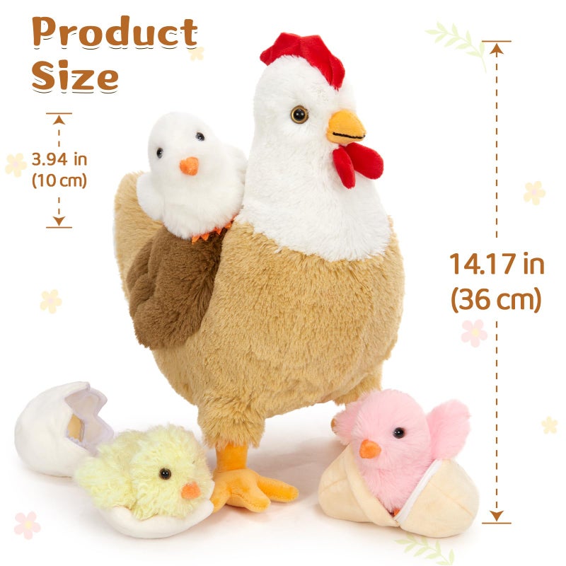 Karister 7Pcs Chicken Stuffed Animals, Stuffed Hen Plush with Baby Chicks & Eggs, Nest Hen Coop Plush Toy Set for Kids, Soft Stuffed Farm Animal Plushie for Birthday Christmas Easter Gift, 14" - Image 5