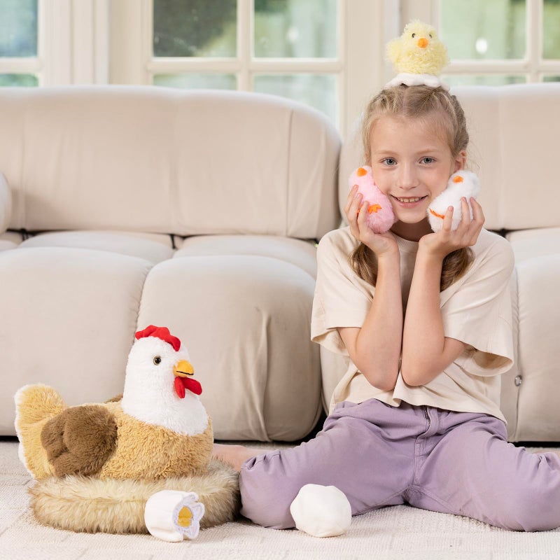 Karister 7Pcs Chicken Stuffed Animals, Stuffed Hen Plush with Baby Chicks & Eggs, Nest Hen Coop Plush Toy Set for Kids, Soft Stuffed Farm Animal Plushie for Birthday Christmas Easter Gift, 14" - Image 3