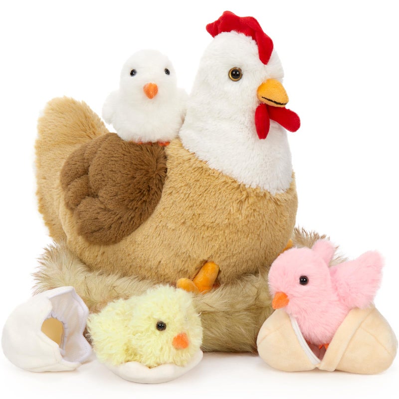 Karister 7Pcs Chicken Stuffed Animals, Stuffed Hen Plush with Baby Chicks & Eggs, Nest Hen Coop Plush Toy Set for Kids, Soft Stuffed Farm Animal Plushie for Birthday Christmas Easter Gift, 14" - Image 1