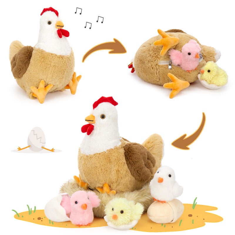 Karister 7Pcs Chicken Stuffed Animals, Stuffed Hen Plush with Baby Chicks & Eggs, Nest Hen Coop Plush Toy Set for Kids, Soft Stuffed Farm Animal Plushie for Birthday Christmas Easter Gift, 14" - Image 2