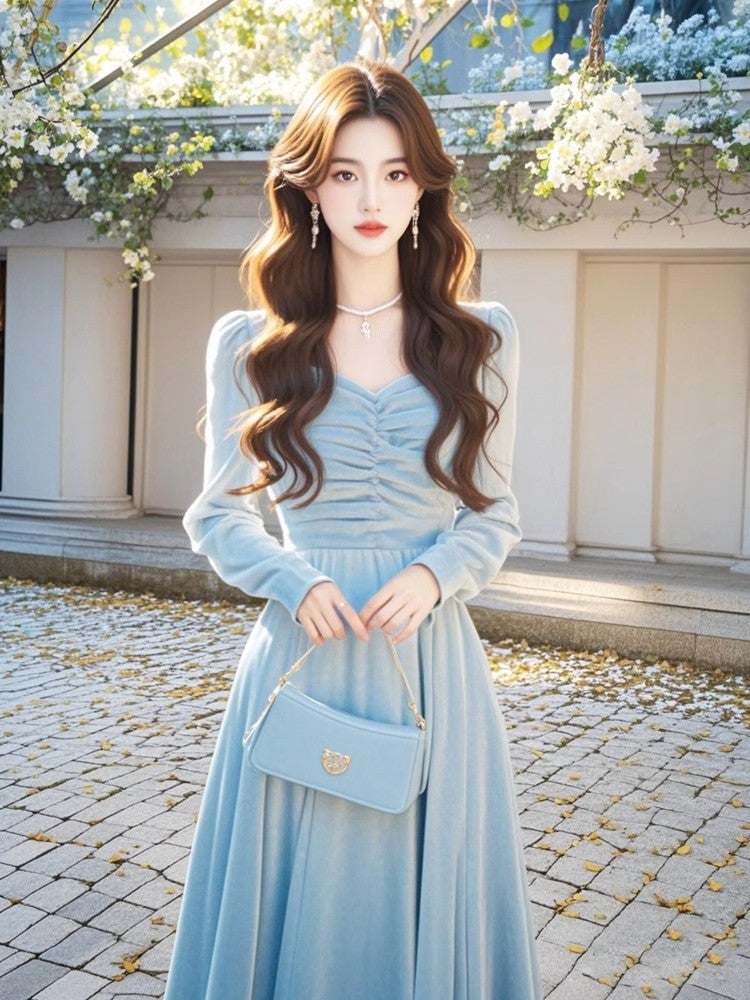 Generic Early Spring Light Luxury Elegant Long Dress Women'S Autumn  High-End Style Small Chanel Style Blue Velvet Dress | Best Price UAE |  Dubai, Abu Dhabi