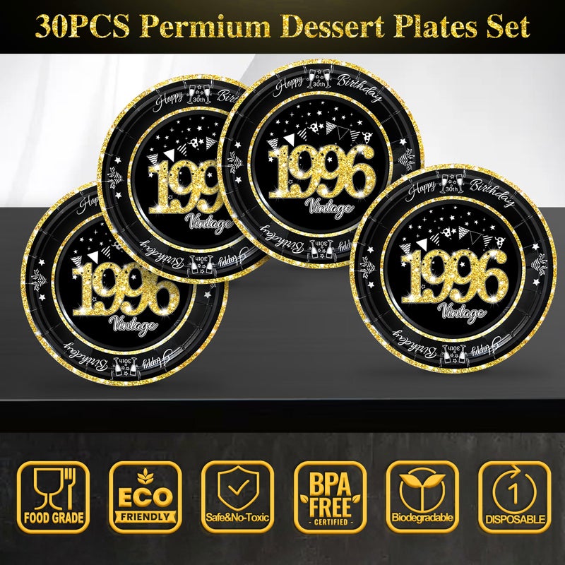 algpty 60 PCS Vintage 30th Birthday Plates and Napkins Set, 30th Birthday Decorations Black and Gold, Service for 30, 1996 Birthday Dessert Plates and Napkins Party Supplies for Men Women - Image 3