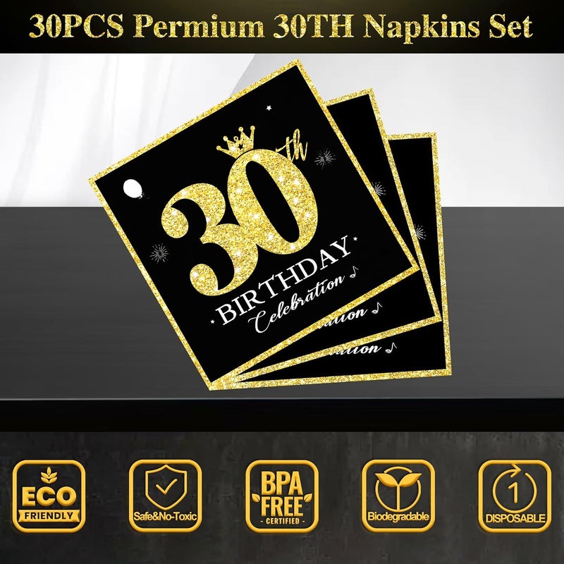 algpty 60 PCS Vintage 30th Birthday Plates and Napkins Set, 30th Birthday Decorations Black and Gold, Service for 30, 1996 Birthday Dessert Plates and Napkins Party Supplies for Men Women - Image 4