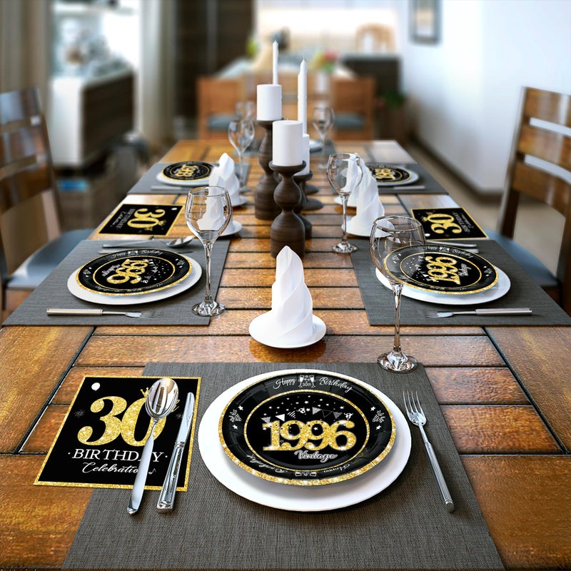 algpty 60 PCS Vintage 30th Birthday Plates and Napkins Set, 30th Birthday Decorations Black and Gold, Service for 30, 1996 Birthday Dessert Plates and Napkins Party Supplies for Men Women - Image 5