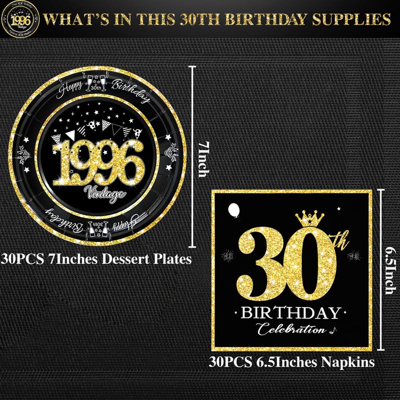 algpty 60 PCS Vintage 30th Birthday Plates and Napkins Set, 30th Birthday Decorations Black and Gold, Service for 30, 1996 Birthday Dessert Plates and Napkins Party Supplies for Men Women - Image 2