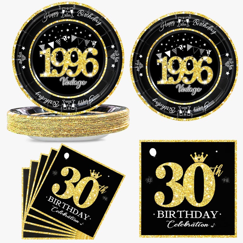 algpty 60 PCS Vintage 30th Birthday Plates and Napkins Set, 30th Birthday Decorations Black and Gold, Service for 30, 1996 Birthday Dessert Plates and Napkins Party Supplies for Men Women - Image 1