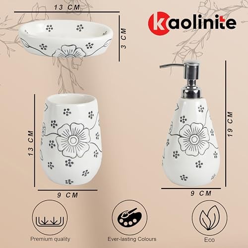 KAOLINITE Handcrafted Premium Ceramic Bathroom Accessories Set | Soap Dispenser, Soap Tray, Toothbrush Holder | Utility & Decor | Set of 3 (D5) - Image 2
