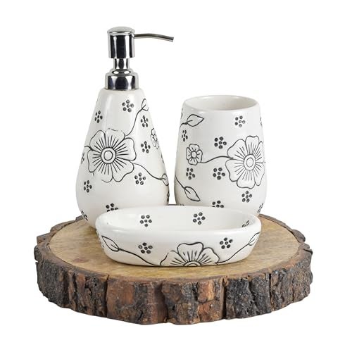 KAOLINITE Handcrafted Premium Ceramic Bathroom Accessories Set | Soap Dispenser, Soap Tray, Toothbrush Holder | Utility & Decor | Set of 3 (D5) - Image 3