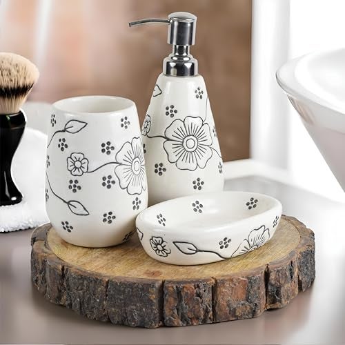 KAOLINITE Handcrafted Premium Ceramic Bathroom Accessories Set | Soap Dispenser, Soap Tray, Toothbrush Holder | Utility & Decor | Set of 3 (D5) - Image 1