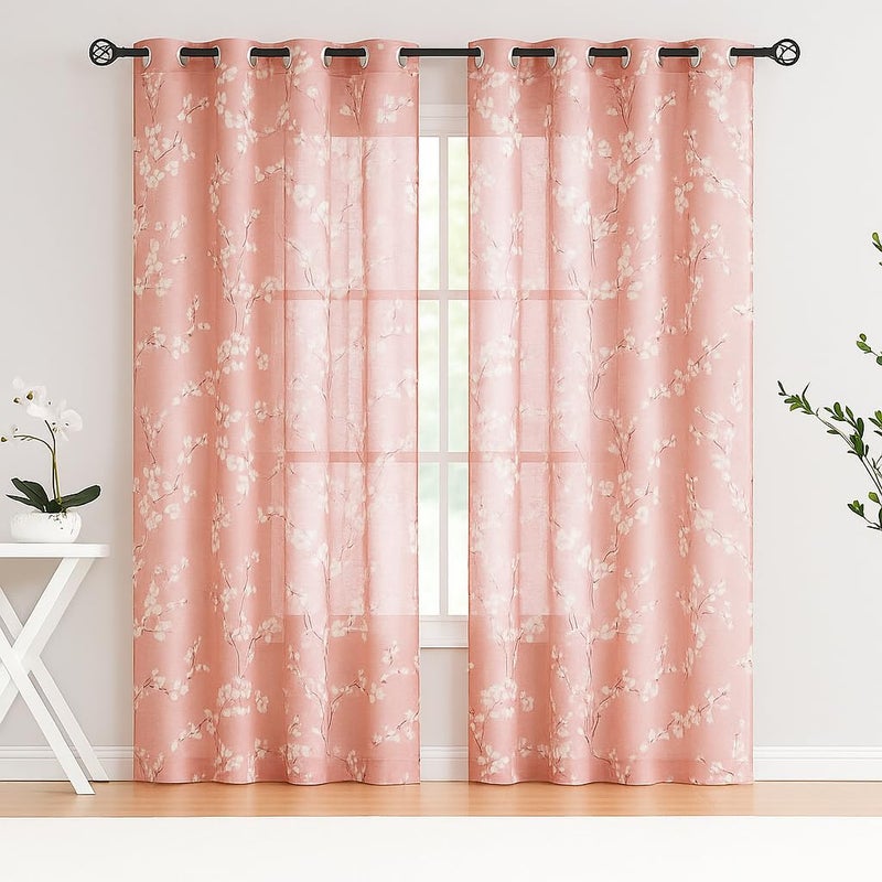 BFAM Sheer Curtain with Floral Print, Premium Printed Sheer Drapes, Eyelet/Grommet Curtain for Living Room, Bedroom, Light Filtering Curtains, Pink Floral 7 Feet, Pack of 1 Curtain - Image 1