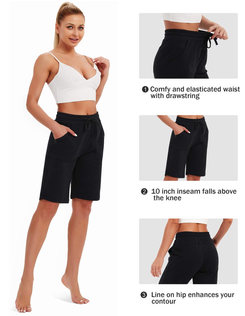 SPECIALMAGIC Cotton Sweat Shorts with Pockets for Women 10" Athletic Lounge Sports Workout Bermuda Knee Shorts Black - Image 4