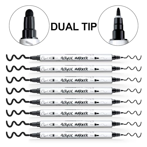 TRANSON 8 Pack Black Bold and Fine Dual-tip Acrylic Paint Marker for DIY Glass Canvas Wood Leather Ceramic Rock Painting - Image 4