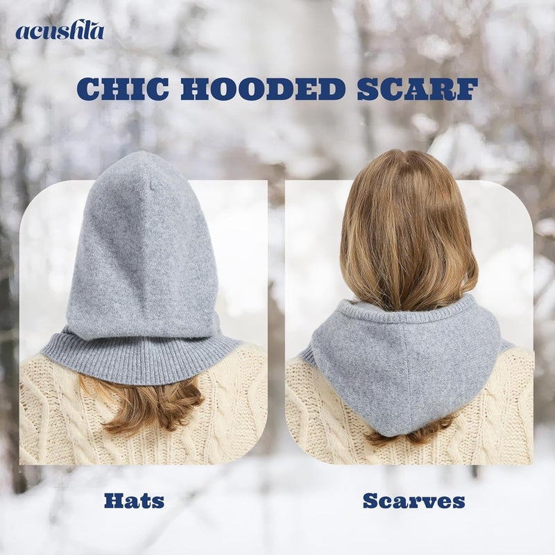 ACUSHLA 100% Merino Wool Balaclava for Women & Men Winter Warm Knit Hooded Scarf Hoodie Hat and Scarf Set in One - Image 3