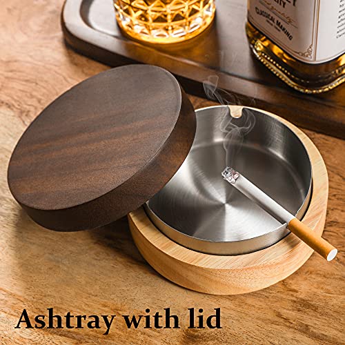 DDAJJAJ Wooden Ashtray with Stainless Steel Lid - Portable, Windproof, Decorative Ashtray for Home, Patio, Office, Outdoors, Indoor, Parties - Image 2