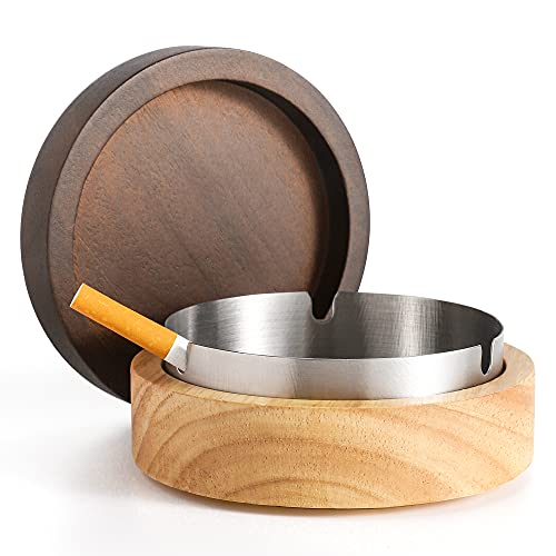 DDAJJAJ Wooden Ashtray with Stainless Steel Lid - Portable, Windproof, Decorative Ashtray for Home, Patio, Office, Outdoors, Indoor, Parties - Image 1