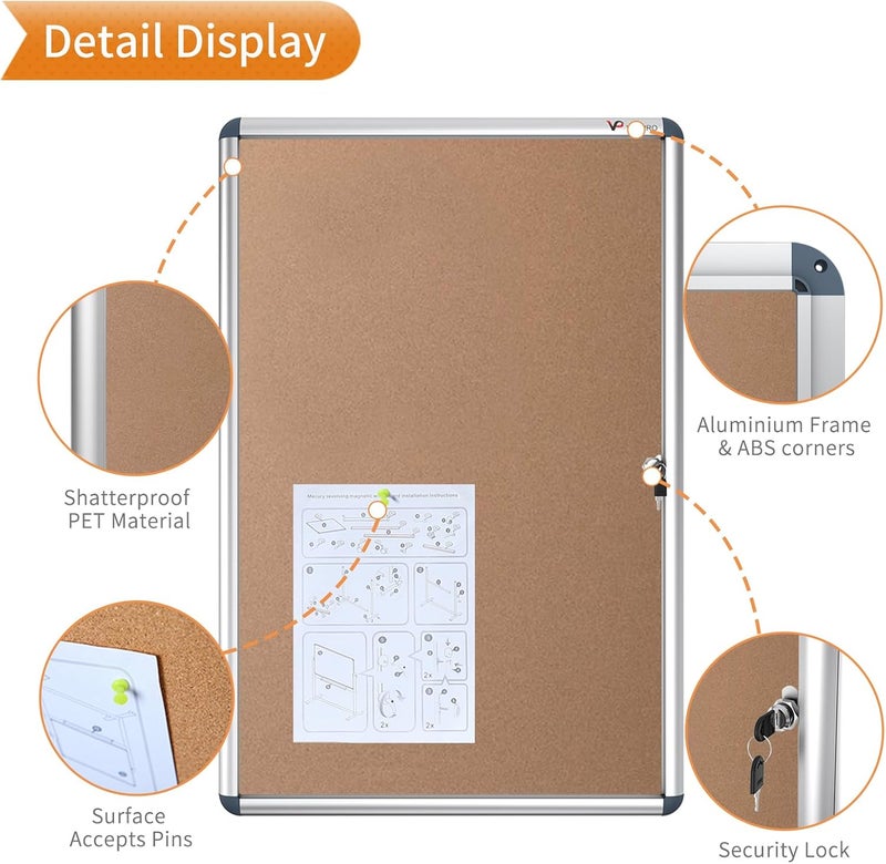 VIZ-PRO Tamperproof Lockable Cork Noticeboard with Aluminium Frame, 36x24 Inches - Image 4