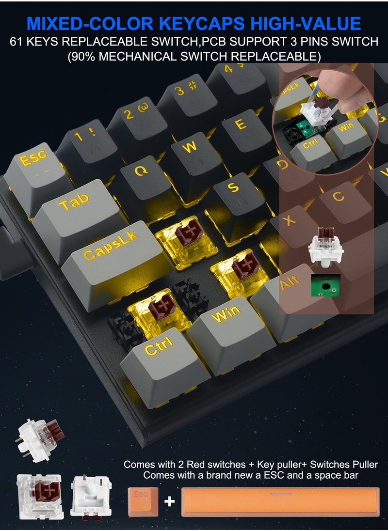 E-YOOSO - 60% Wired Mechanical Gaming Keyboard with Brown Switches, LED Yellow Backlit, Ultra-Compact Computer Keyboard for PS4/5, Windows, Mac OS (Black Grey) - Image 1